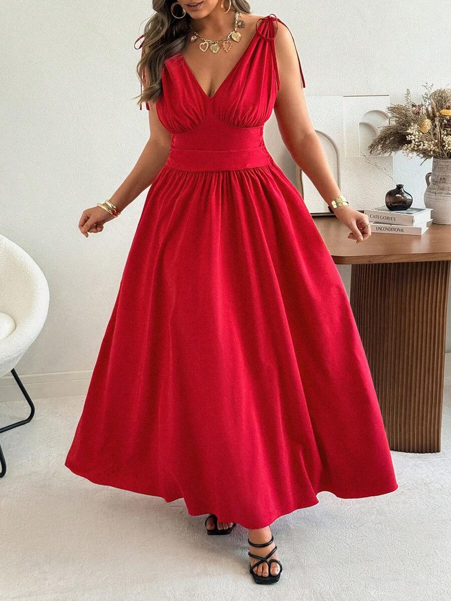 Vionelle Plus Size Women's V-Neck Pleated Cinched Waist Sleeveless Elegant Satin Red Dress,Summer Party Maxi Dresses Formal Wear - Red - View 1