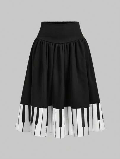 ROMWE Chân váy chữ A in họa tiết phím đàn piano kiểu Gothic, cỡ lớn.