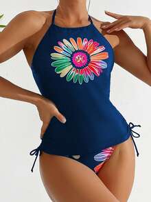 Swim Lushoire Women's Floral Print Tankini Swimsuit Set, Vacation & Beach - Blue - View 3