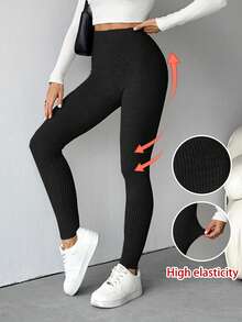 SHEIN Tall Women Ribbed High Waist Leggings Four Seasons - Black - View 1