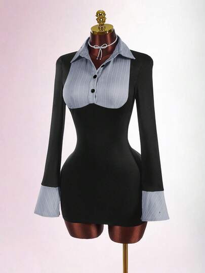 Amplova Y2K Women's Color Block Long Sleeve Fitted Half-Zip Elegant Mini Dress Campus-Style Tight-Fitting 2 In 1 Shirt Collar Heart-Shaped Mini Skirt Summer Outfit For Women Spring Women Beach Outfit Vacation Outfits Women Casual Outfit For Women Party Outfit Elegant Dresses For Women Vacation Outfits Women Vacation Outfits Women Y2k Party Dress Valentine's Day Summer Outfit For Women Spring Outfit Women Women's Blouson Dress Tuxedo Dress Women Collared Dress Sexy Women Clothes Dresses For Women