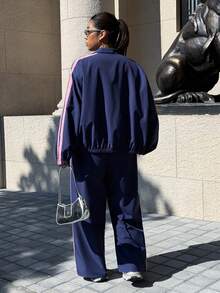 SHEIN EZwear 大码撞色条纹针织上衣和裤子两件套 - 藍色 - 查看 2