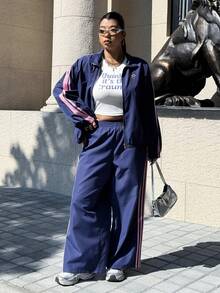 SHEIN EZwear 大码撞色条纹针织上衣和裤子两件套 - 藍色 - 查看 4