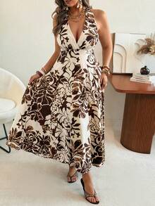 Ceyna Đầm maxi dáng chữ A hở lưng, sang trọng, thanh lịch kiểu Pháp dành cho nữ cỡ lớn mùa xuân/hè, phong cách bohemian thường ngày, thoải mái, in hoa, cổ chữ V, thắt eo, buộc dây, cổ yếm. - màu nâu - Xem 4