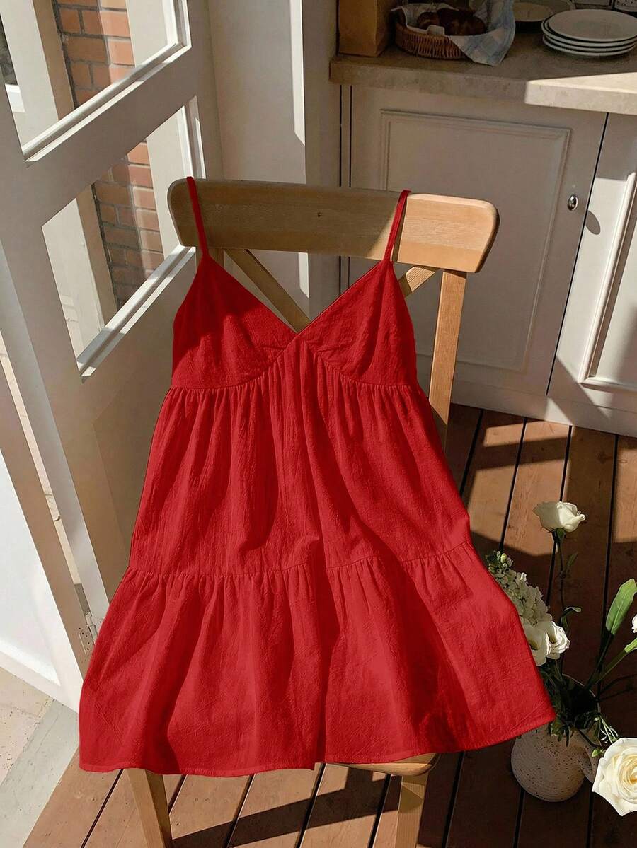 Comfortcana 红色编织荷叶边下摆休闲吊带连衣裙（女款） - 紅色 - 查看 1