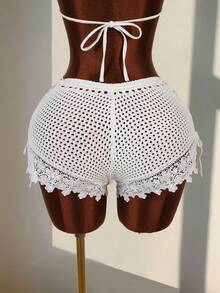 Amplova Pantalones cortos de punto con diseño de cruce y calados para vacaciones en la playa de mujer - Blanco - Ver 5