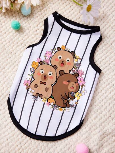 PETSIN 1pc Cute Three Little Bears Flower Printed Pet Tank Top Vertical Pattern Tank Top Skin Friendly Breathable Pet Clothes