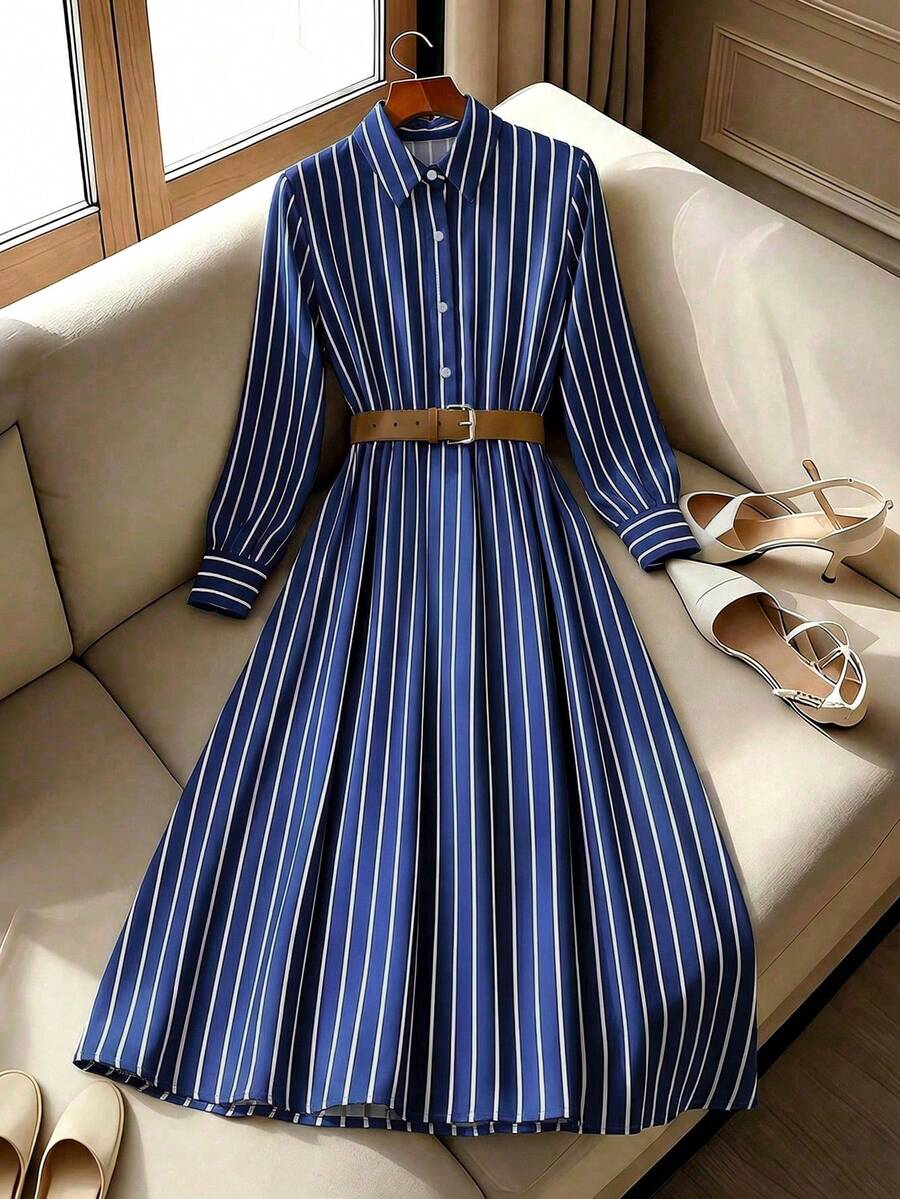Franclia 女士新款休闲通勤条纹束腰衬衫裙，秋季 - 藏蓝色 - 查看 1