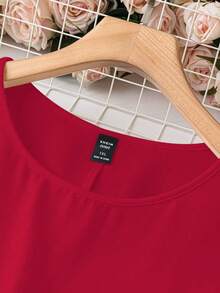 SHEIN LUNE Áo kiểu nữ cỡ lớn, màu trơn, cổ tròn, viền bèo nhún, phong cách thường ngày. - Đỏ - Xem 5