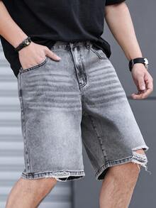Manfinity Hypemode Men's Summer Casual Distressed Slant Pocket Denim Shorts - Light Grey - View 7