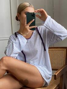 DAZY Striped Loose Hooded Long Sleeve Women Sleepwear Top, Women Loungewear Top - Blue - View 1