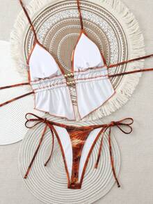 Swim SXY 随机印花露背吊带比基尼上衣和侧系带比基尼下装套装 - 彩色 - 查看 4