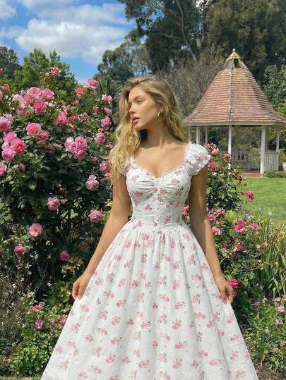 SHEIN MOD Vestido midi elegante de vacaciones y fiesta con cintura ceñida, estampado floral, volantes y encaje en parches, de una sola hilera de botones para mujer