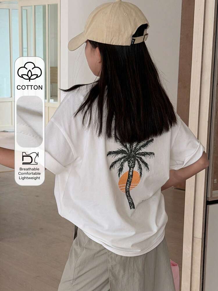 Tween Girls Printed Drop Shoulder Short Sleeve T-Shirt Spring