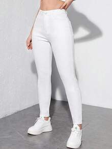 SHEIN Unity 女士休闲百搭纯色斜插口袋弹力修身牛仔裤 - 白色 - 查看 6