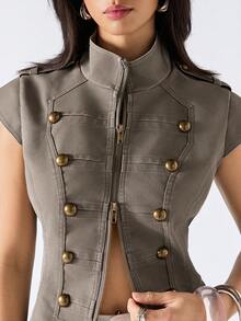 LYSMO 2026 New Arrive Minimalism Spring/Summer Women's Retro Mandarin Collar Jacket, Suitable For Commuting - Light Grey - View 8