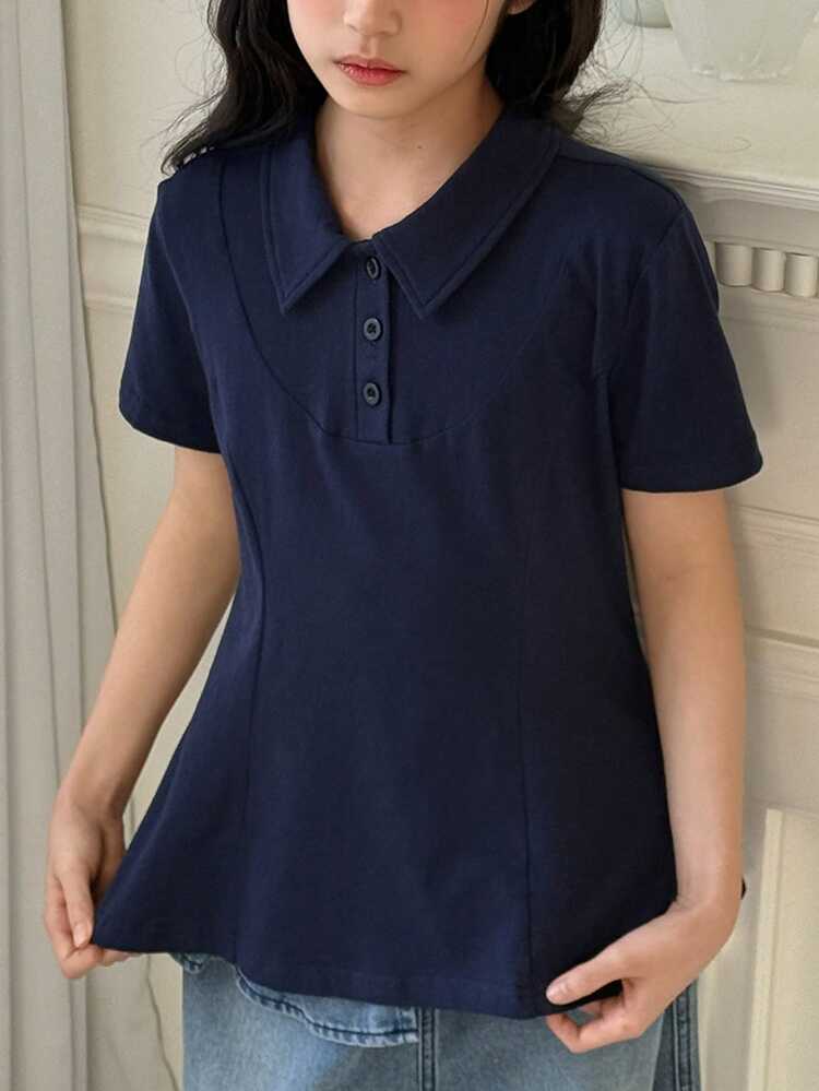 Tween Girls' Solid Color Polo Collar Short Sleeve Casual Versatile T-Shirt