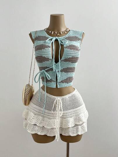 Elamini 性感度假时尚撞色条纹系带无袖开衫（女款）