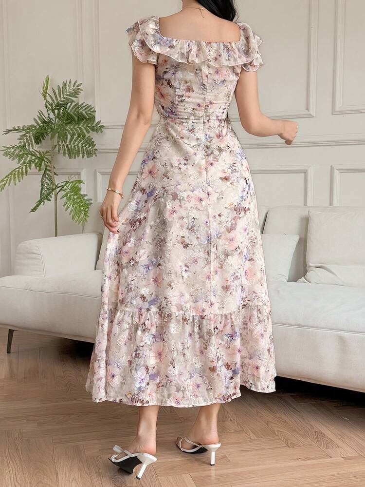 Women's Elegant Floral Ruffle V-Neck Mid-Length Dress, Summer Maxi Dress Sundress Boho