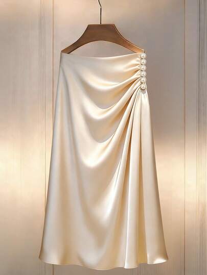 Franclia 2026 Spring/Summer New Arrival Luxury Elegant Champagne Satin Smooth Lustrous Fabric Faux Pearl Decor + Diagonal Pleat Design Date/Work High-End Skirt