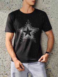 RONVEXI Men's Black Star Universe Print Short Sleeve Top,Premium Custom Luxury Casual Item,Fashionable Casual Silver Foil Print Short Sleeve T-Shirt, Summer Star Shirts Street Wear Tops - Black - View 3