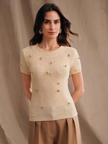 Anewsta Women's Modern Round Neck Metal Embellished Short Sleeve Blouse - Beige - View 3