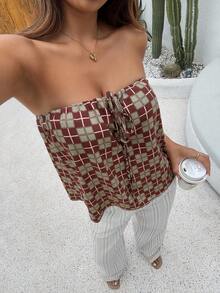 DAZY Women's Summer Vacation Plaid Bandeau Top & Striped Loose Pajama Pants Sleepwear Set - Brown - View 3