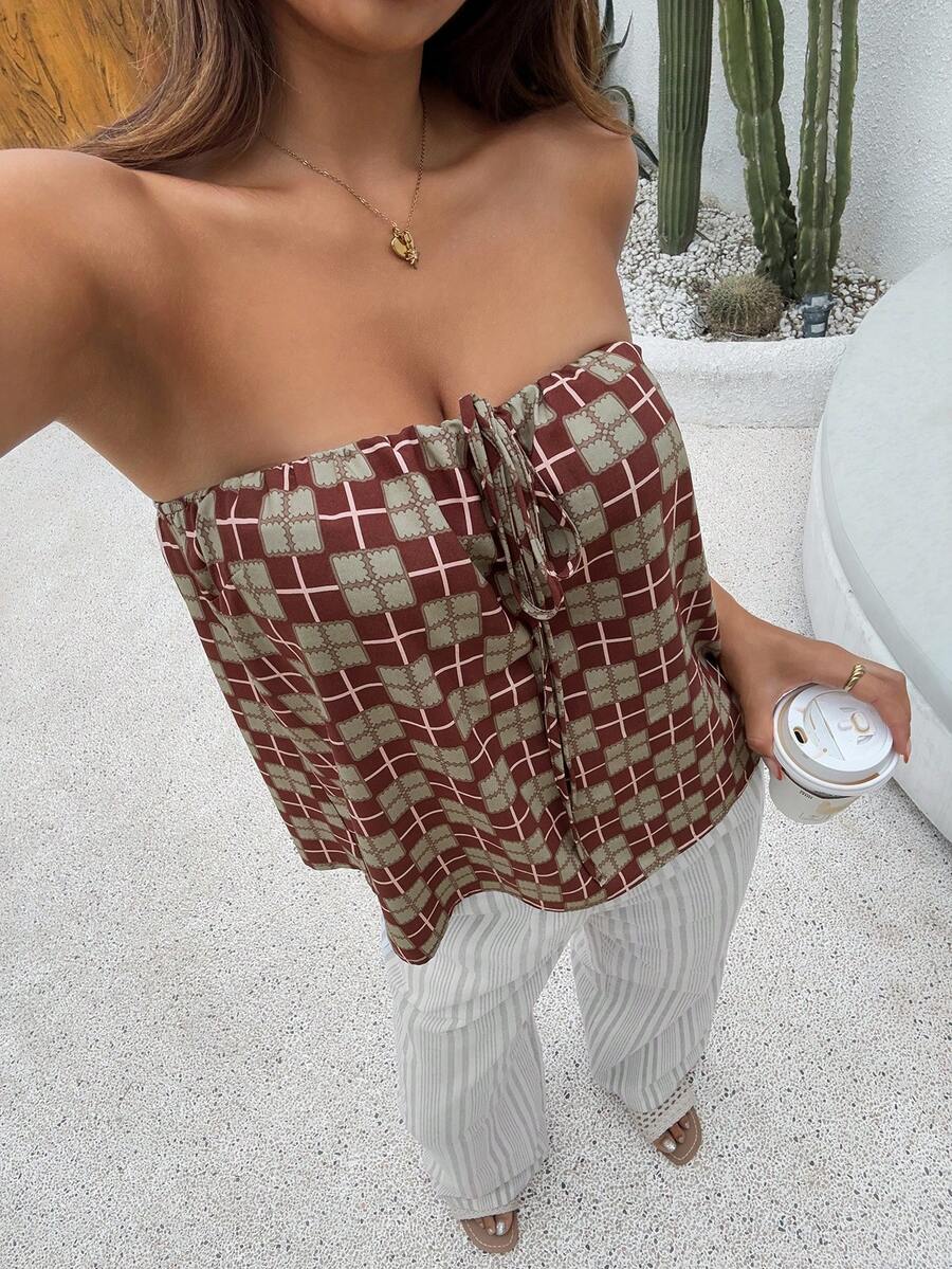 DAZY 女士夏季度假格子抹胸上衣和条纹宽松睡裤睡衣套装 - 棕色 - 查看 1