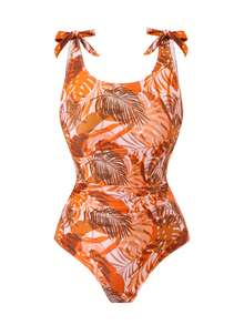 Swim Oasis Conjunto de bikini con estampado floral retro caramelo marrón estilo europeo y americano 2026 - Top de tankini con cuello halter y tirantes anudados + Bottom de triángulo de cintura alta + Falda pareo transparente, elástico y sin ataduras, traje de baño estilo para sesión de fotos en la playa - Multicolor - Ver 7