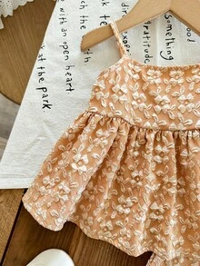 SHEIN LMoss Kids 女婴可爱碎花吊带背心和松紧腰裤套装，夏季 - 橘色 - 查看 6