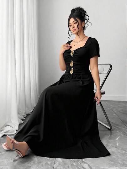 Elenzga Women's Fashionable Elegant Short Sleeve Pleated Metal Decor Dress