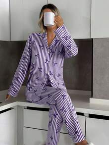 EURMUSE Women 2 Pcs Button Front With Striped&Bot Pattern Homewear Cute Pajama Set - Lilac Purple - View 4