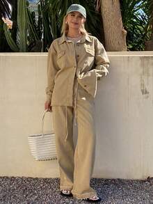 DAZY Conjunto de chaqueta vaquera y pantalones casuales para mujer, otoño/invierno - Caqui - Ver 5