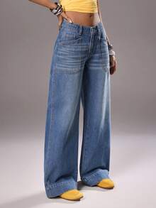TRNVIE Jeans amples et décontractés à taille haute et jambes évasées avec poches pour femmes - Bleu azur - Voir 6