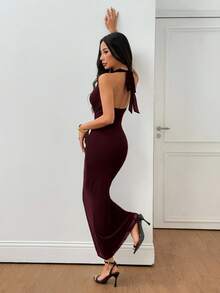SHEIN PETITE 女款純色網紗垂領優雅約會長洋裝，度假風，適合秋冬假期穿搭，適合嬌小女性 - 中紫紅色 - 查看 3