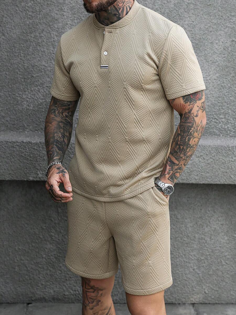 Manfinity CasualCool 男士休闲通勤纹理短袖T恤套装 - 卡其色 - 查看 1