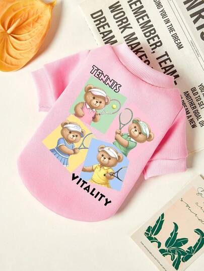 PETSIN 1pc Cute Tennis Bear Sports Style Letter Printed Pet Pink Autumn/Winter Thick Warm Pet Clothes Clothes No Hat Clothes