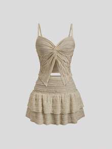 Sweetra French Sweet Ruffle Strap Twist Top & Layered Ruffle Hem A-Line Mini Skirt 2 Pieces Set For Women, Spring/Summer - Khaki - View 3