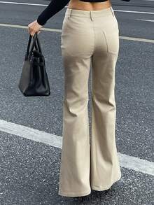 DAZY 女士纯色修身喇叭裤，休闲街头风长裤，春秋季 - 卡其色 - 查看 2