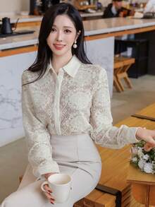 DAZY 女士纯色蕾丝纹理宽松长袖翻领优雅正式衬衫，春秋季 - 米色 - 查看 6