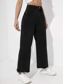 SHEIN ICON Plus Size Women Black Distressed Denim Long Pants, Fashion & Personalized Wide Jeans - Black - View 4