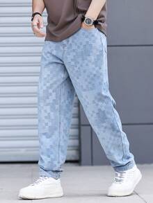 RivetRise Men's Casual Fashionable Street Chic Daily Commute Checkered Textured Washed Slim Fit Jeans Baggy Jeans Men - Light Wash - View 8