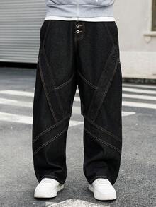 Manfinity EMRG Men's Graphic Design Loose Fit Straight Leg Jeans Black Baggy Jean  New Vintage - Black - View 1