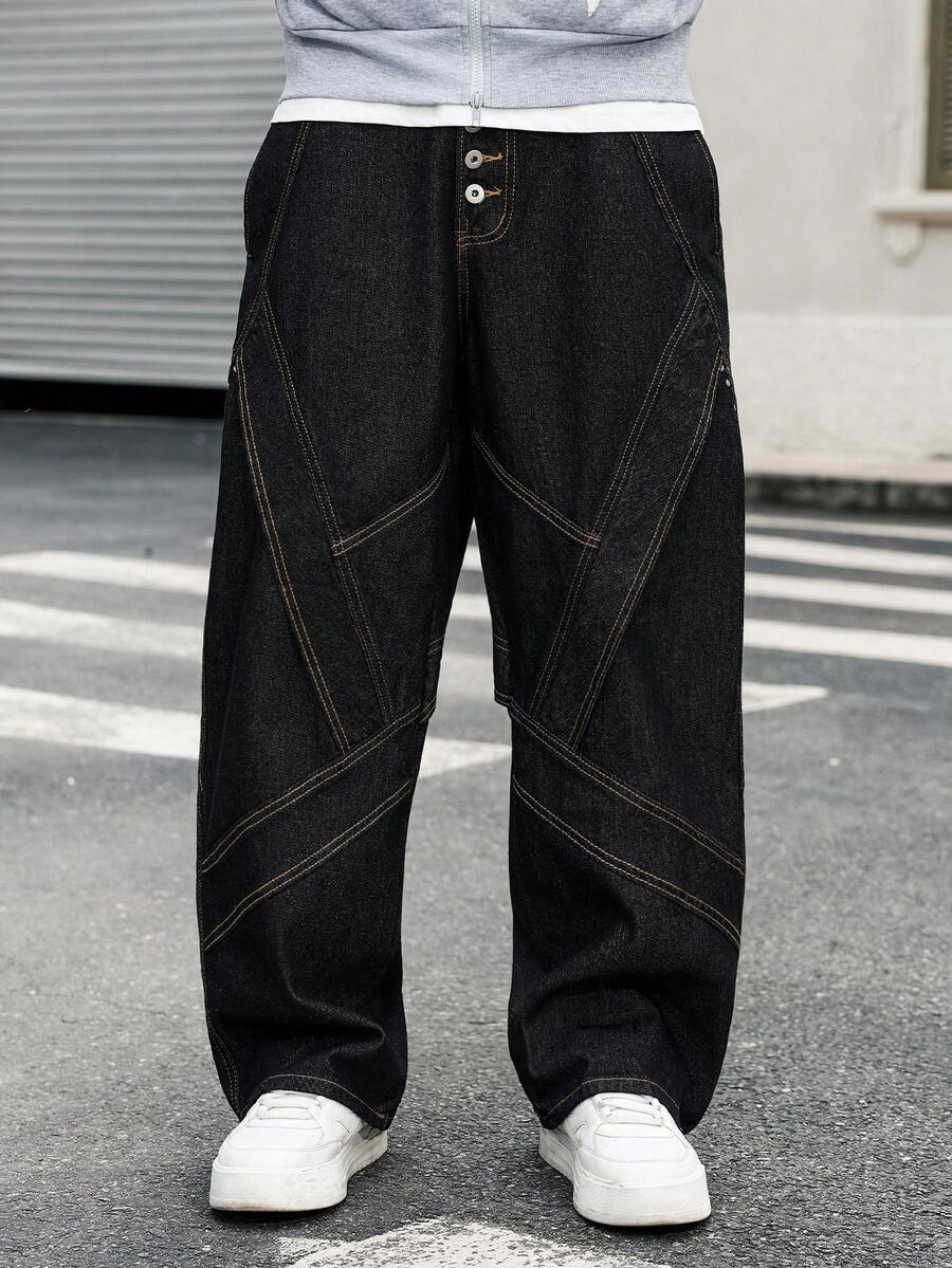 Manfinity EMRG Men's Graphic Design Loose Fit Straight Leg Jeans Black Baggy Jean  New Vintage - Black - View 1