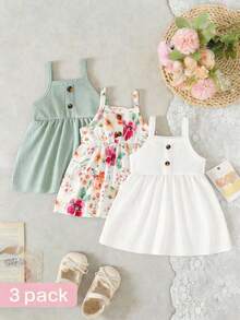 SHEIN Conjunto de 3 piezas de vestido de punto acanalado de unicolor y floral elegante para bebés recién nacidas, adecuado para uso al aire libre - Verde - Ver 6