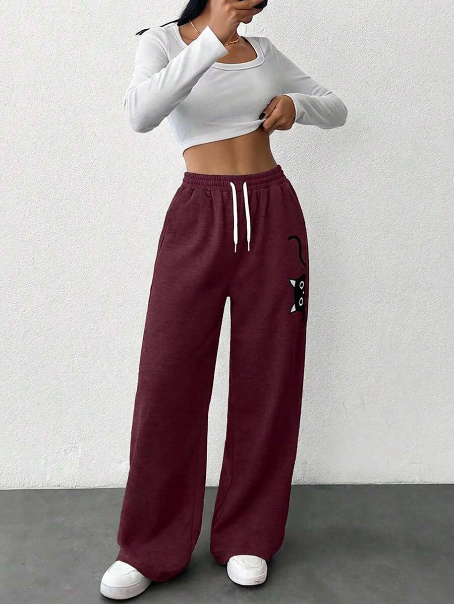 EURMUSE Pantalones de chándal casuales con cordón para mujer de talla grande - Burdeos - Ver 1