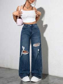 Washed Denim Blue High Waist Ripped Wide Leg Jeans - Medium Wash - View 3
