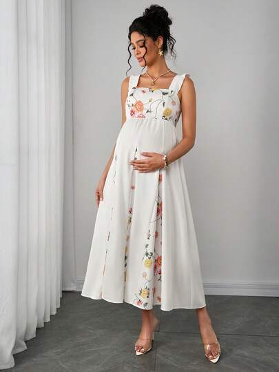 Momance 孕妇休闲碎花方领褶皱连衣裙，适合夏季度假