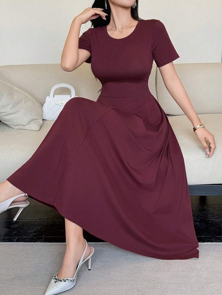 Women's Elegant Solid Color T-Shirt Midi Dress, Summer Wedding Guest Dress Sundress