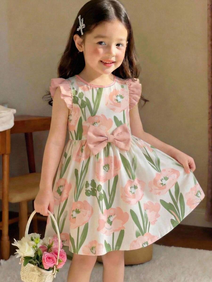 SHEIN Vestido de manga larga con estampado de lazo y dibujos animados, adecuado para otoño/invierno, para niñas jóvenes - Multicolor - Ver 1